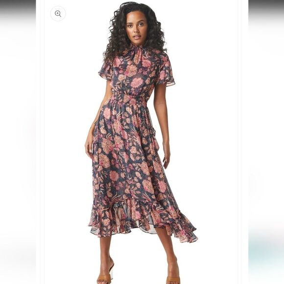 MISA Azura Floral Dot High Neck Flutter Sleeve Ruffle Hem Midi Dress Lightweight